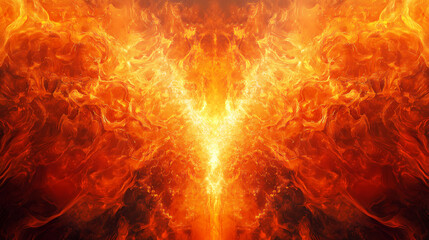 Fototapeta premium Towering walls of flame surrounding a molten abyss wide angle panoramic view horizontal symmetric background. Abyss Tower. Illustration