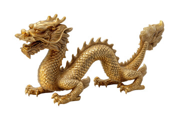 Obraz premium Traditional Chinese Golden Dragon Statue with Detailed Scales and Fierce Expression, Ancient Asian Mythological Creature Isolated on Transparent and White Background