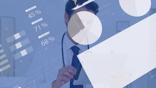 Male doctor reading clipboard, visualizing medical data with animated charts and grids