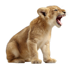 Obraz premium Young Lion Cub Sitting and Roaring with Open Mouth Showing Sharp Teeth, Portrait of African Baby Predator with Golden Fur Isolated on Transparent and White Background