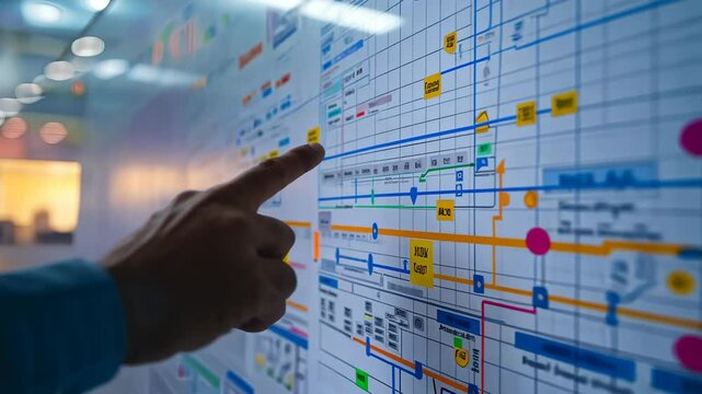 Close-up of a Hand Pointing at a Detailed Process Chart on a Large Display, Showing Complex Workflow, System, or Project Management.