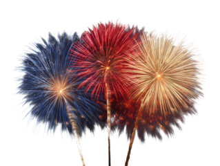 Red White and Blue Patriotic Independence Day Fourth of July Celebration Fireworks Display Bursting in Night Sky Isolated on Transparent and White Background
