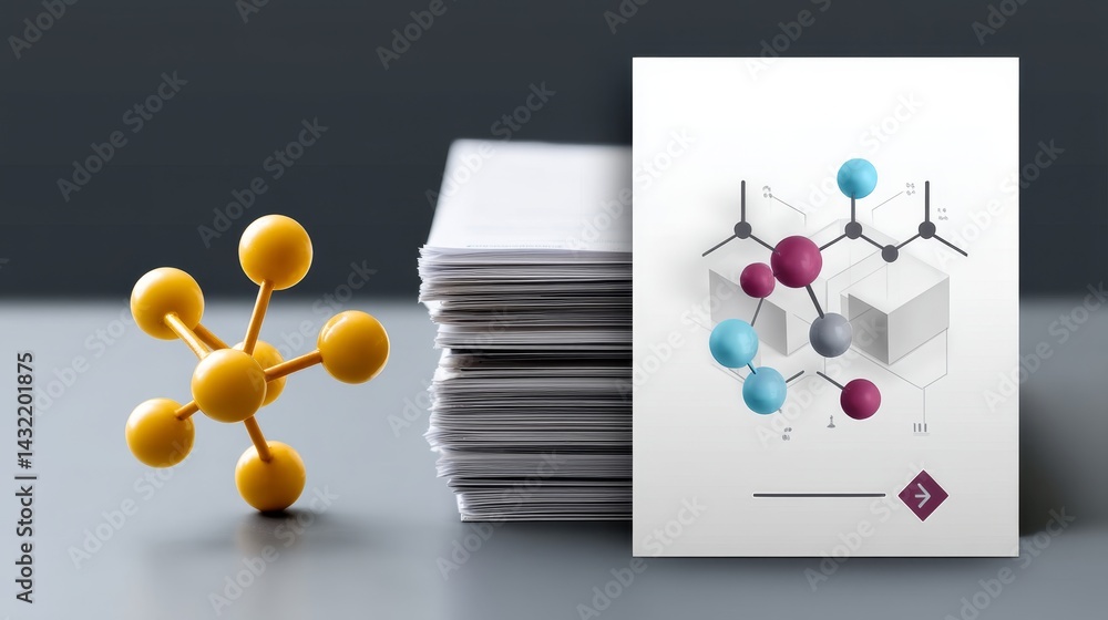 Poster abstract 3d molecular structure with papers and yellow model on gray surface