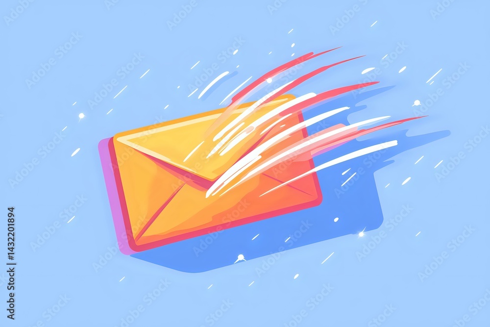 Poster fast moving yellow envelope with dynamic motion streaks and shadow against light blue background, ex