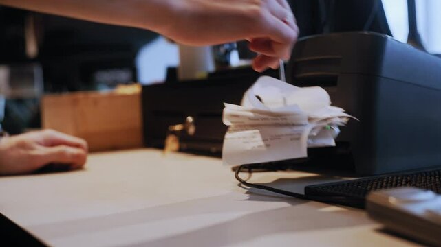 A tight follow shot captures the precise motion of hanging a printed receipt on a string holder, underscoring professional workflow