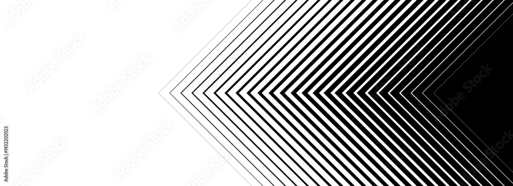 Aufkleber Black line arrow background. Repeated triangle gradation pattern backdrop. Fading halftone stripe gradient texture. Thin to thick speed lines concept for overlay, print, cover, banner, poster. Vector