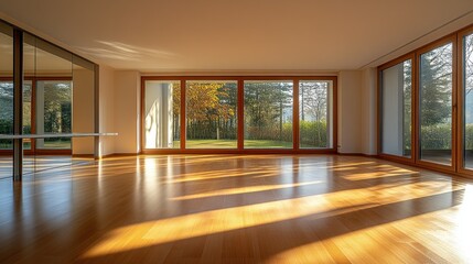 Fototapeta premium Sunlit Empty Room with Large Windows and Wooden Floor