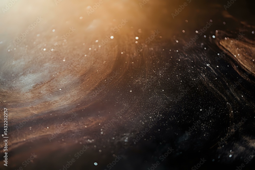 Poster abstract cosmic background with golden brown nebula and stardust particles floating in dark space, c