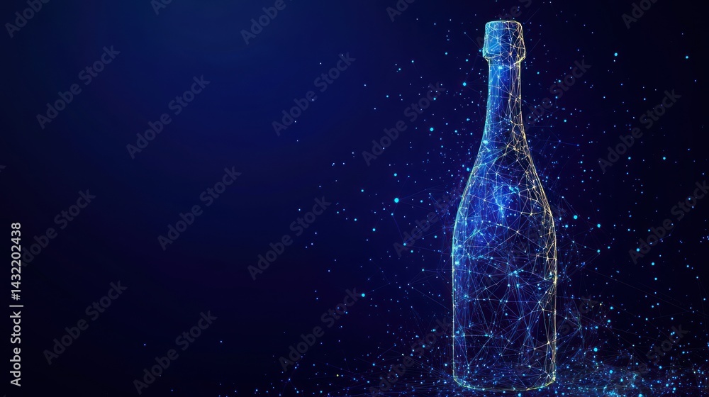 Poster digital rendering of a sparkling beverage bottle on a deep blue backdrop
