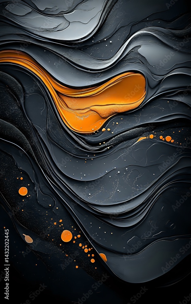 Poster abstract wavy layers in dark gray and black tones with vibrant orange accent creating dynamic fluid 