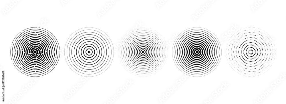 Poster Black linear concentric circle set. Dotted and dashed round sound wave collection. Epicenter, target, radar, sonar icon concept. Radial radio signal or vibration element pack. Vector halftone symbols