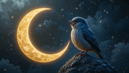 Fototapeta premium Small Bird Singing at Night Under Crescent Moon Pixel Art