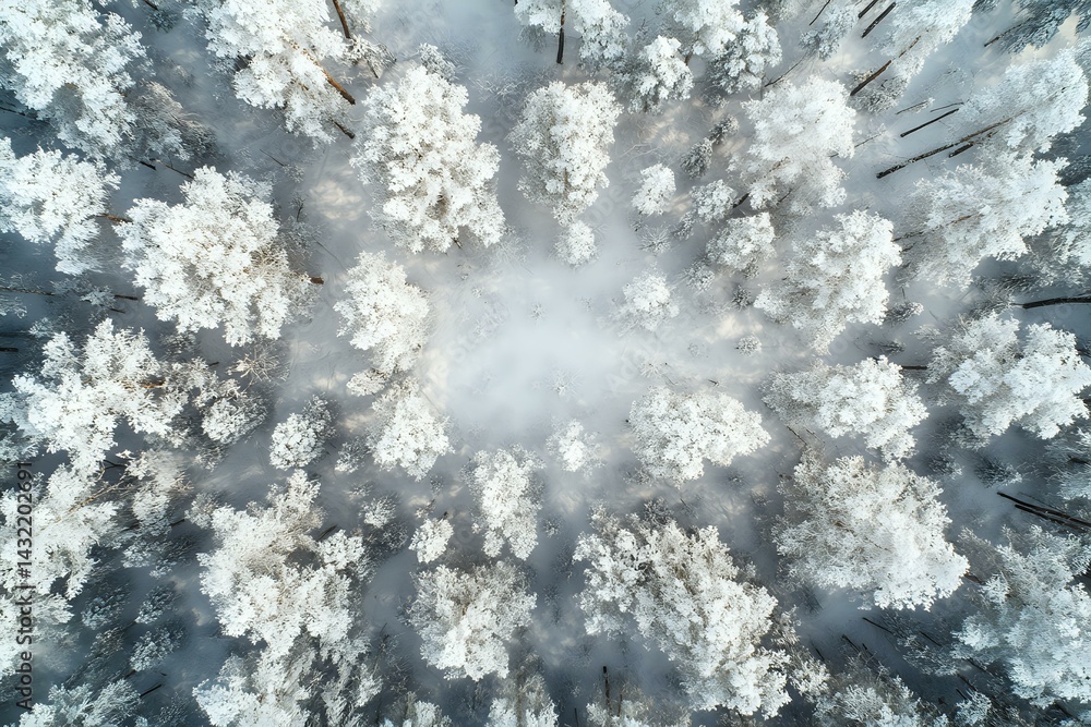 Poster aerial view of snow-covered forest in winter with white frosted treetops creating abstract pattern a
