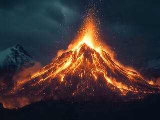 Dramatic volcanic eruption at night with glowing lava flows and sparks against dark sky, mountain peaks covered in snow visible in background. Powerful natural phenomenon.