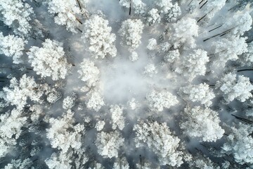 Fototapeta premium Aerial view of snow-covered forest in winter with white frosted treetops creating abstract pattern against misty background, captured by drone photography.
