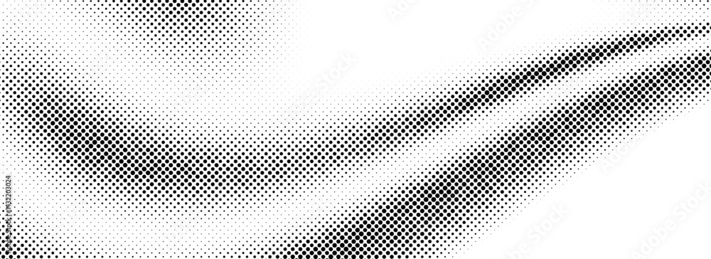 Poster Black halftone wave pattern. Abstract grain fluid texture. Dotted curve dot flow wallpaper. Gritty undulate swoosh overlay for poster, banner, brochure, flyer, leaflet, brochure. Vector background