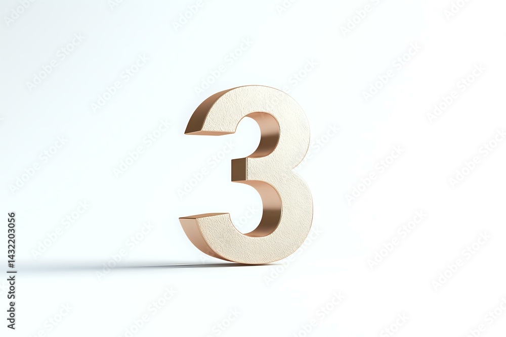 Aufkleber wooden number three standing upright on white background with soft shadow, minimalist design for cou