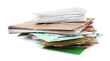 Stack of different paper envelopes on white background. Post office