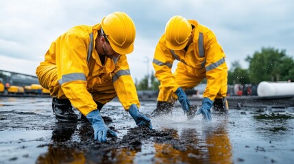 Workers in Yellow Rain Gear Cleaning Oil Spill on Wet Ground