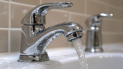 Close-up of a Chrome Faucet with Water Flowing
