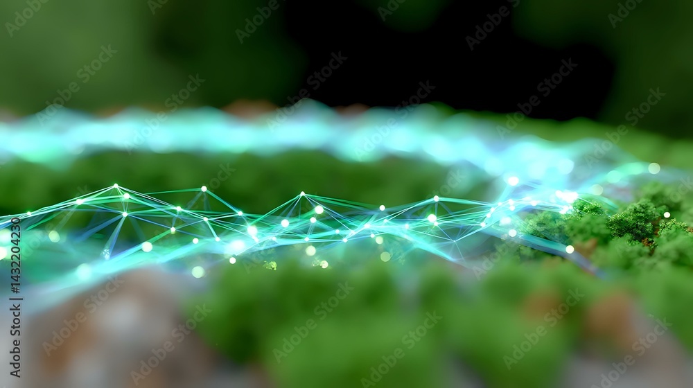 Aufkleber glowing turquoise network lines creating abstract wave pattern against blurred natural green backgro