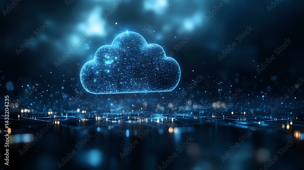 Aufkleber glowing digital cloud symbol floating over night city skyline with network connections and light par