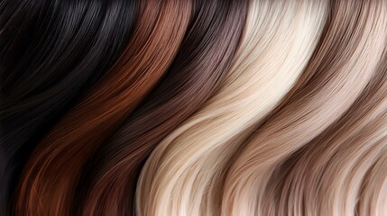 Fototapeta premium Luxurious wavy hair texture in multiple natural colors from black to blonde. Smooth gradient transitions create flowing pattern for hair and beauty industry designs.