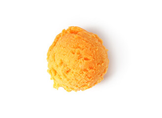 Ball of tasty orange sorbet isolated on white, top view