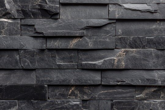 Fototapeta Dark gray stone wall cladding.  Horizontal rectangular stone panels with uneven edges