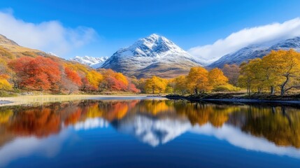 Obraz premium Autumnal Highland lake reflecting snowy mountain peaks. Tranquil, colorful landscape with vibrant fall foliage mirrored on still water. Mountain range in the background, topped with snow