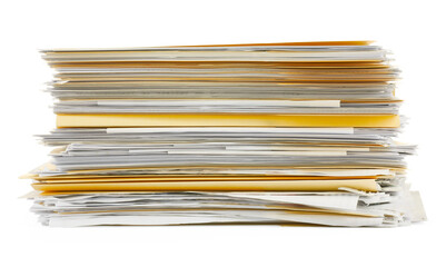 Stack of file folders with papers isolated on white