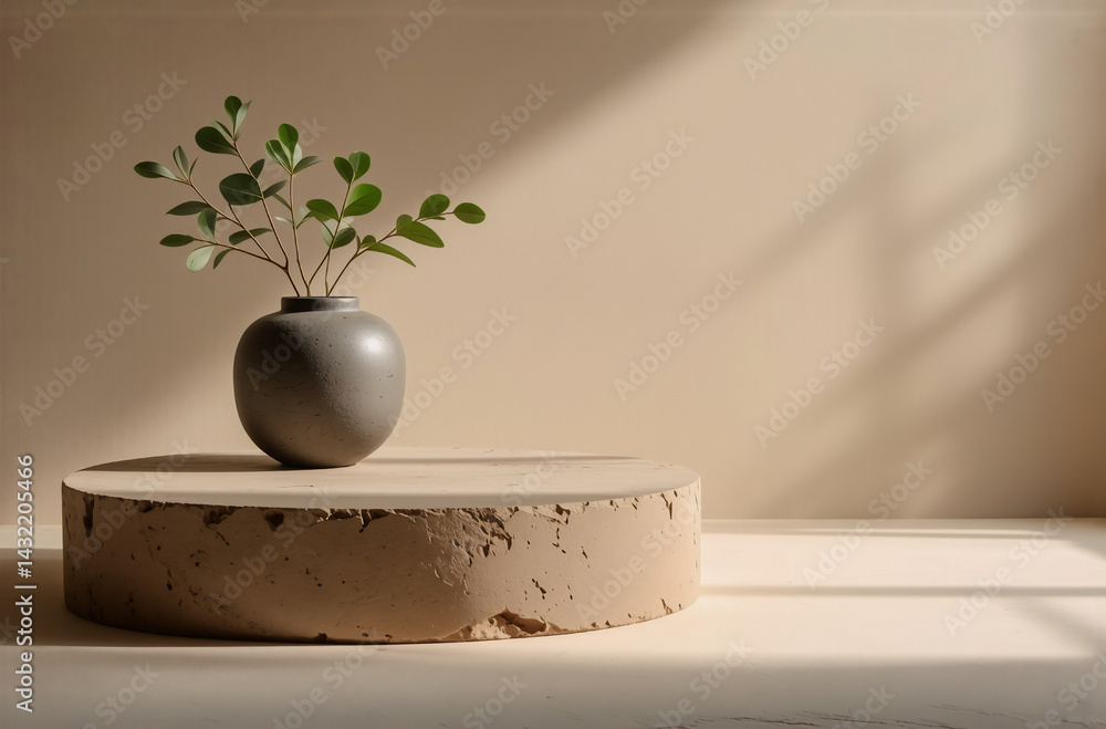 Poster a simple gray vase holds leafy green stems, displayed on a round platform against a plain beige back