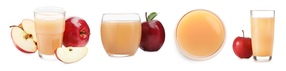 Tasty apple juice on white background, collage