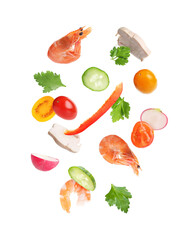 Different fresh vegetables and shrimps falling on white background