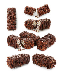 Delicious puffed rice bars with chocolate on white background, collage