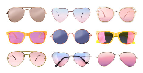 Different stylish sunglasses on white background, collage. Fashionable accessory