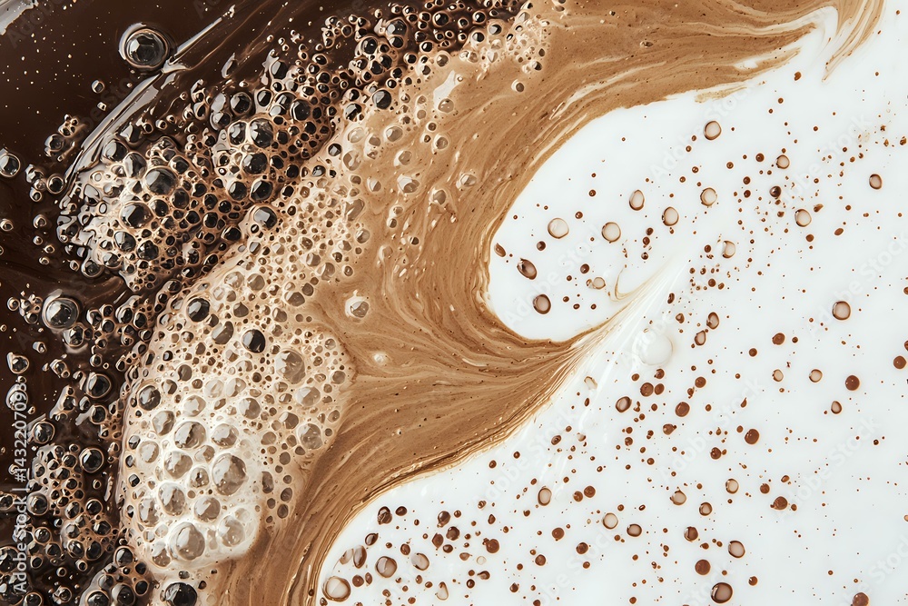 Poster swirling chocolate milk splash with foam bubbles and droplets creating dynamic abstract pattern on w