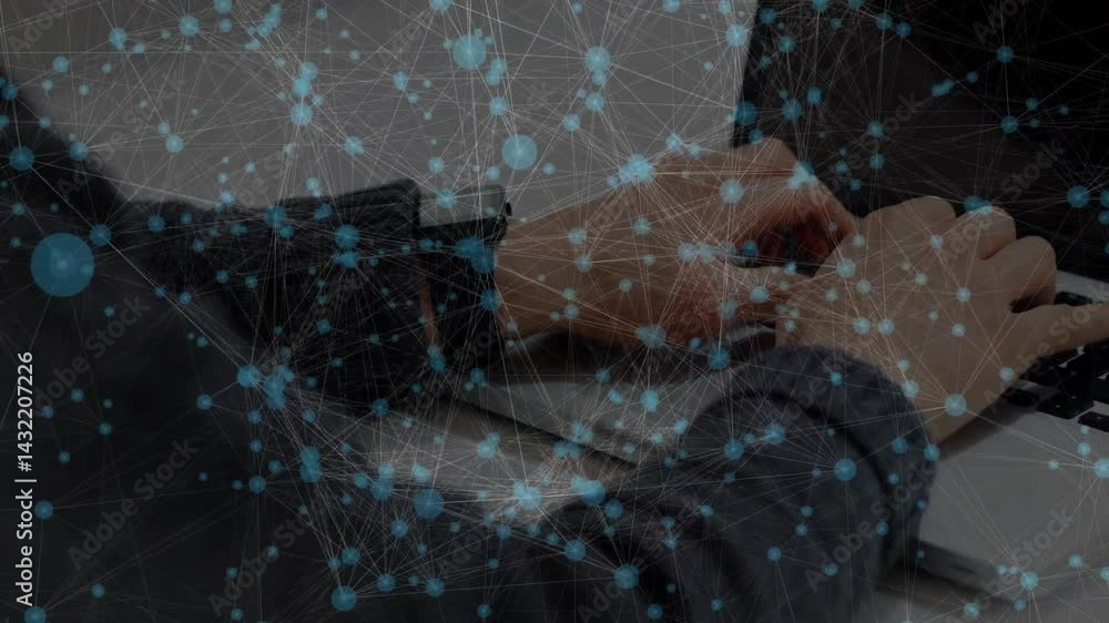 Poster developer typing at office desk, displaying blue network nodes and connecting lines in technology