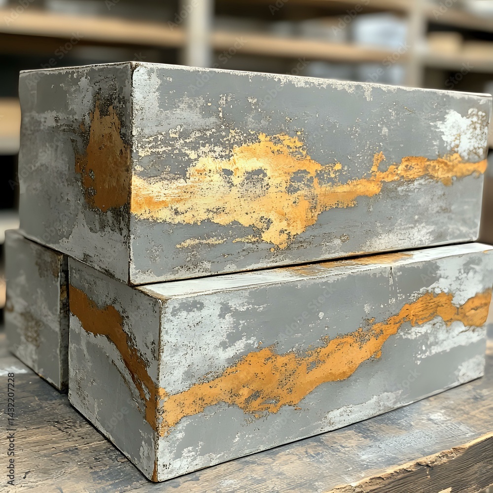 Poster weathered concrete blocks with natural rust stains and patina creating abstract patterns in orange a