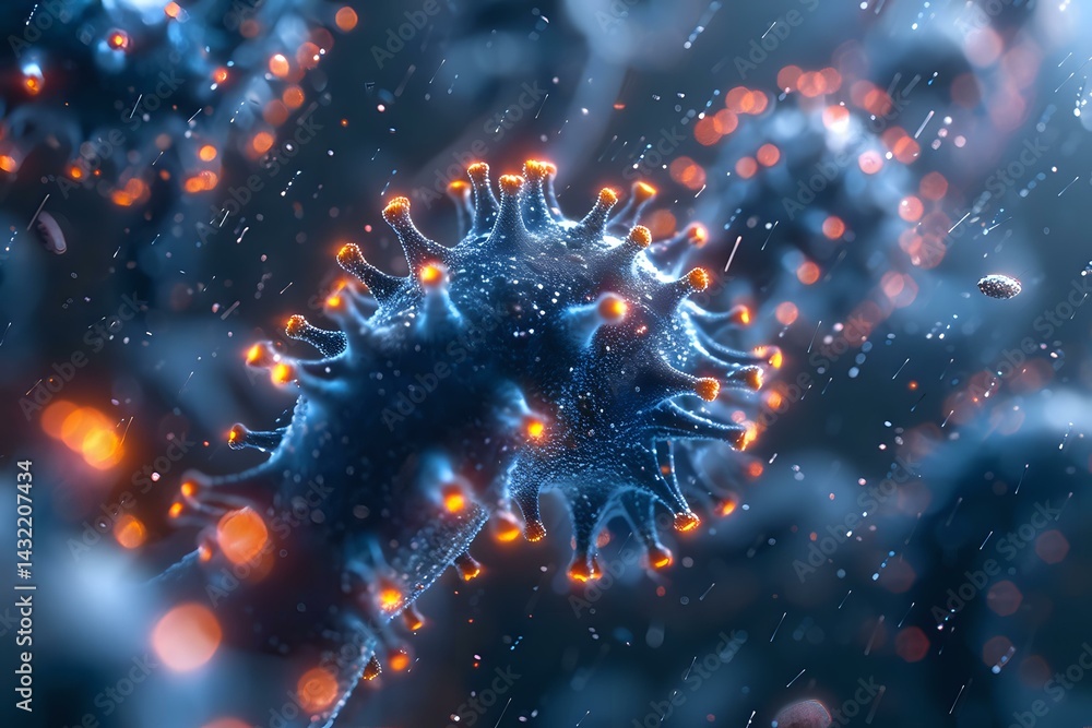 Aufkleber microscopic view of virus cell with glowing orange spikes floating in dark blue environment with bok