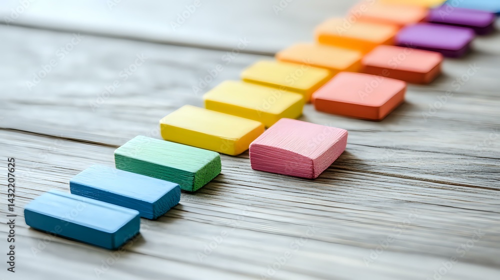 Poster colorful sticky notes arranged in rainbow sequence on rustic wooden background, creating minimal com