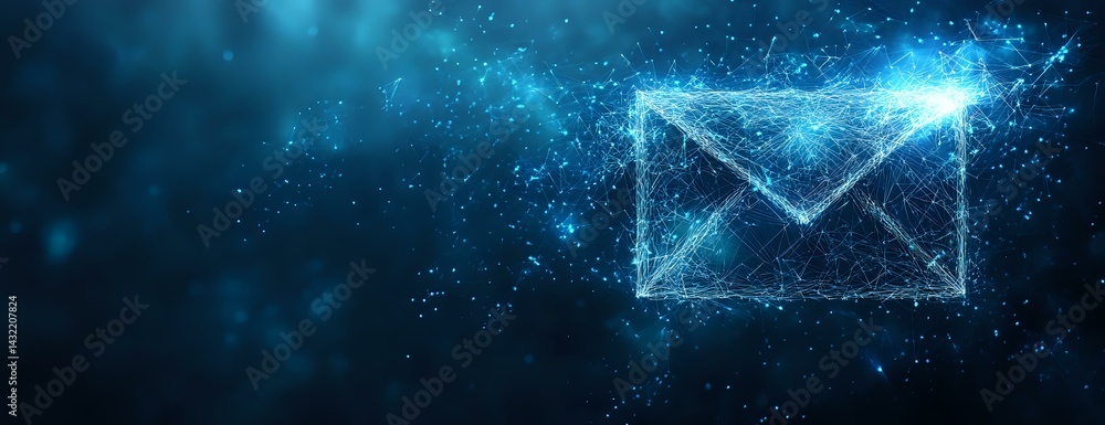 Poster glowing digital envelope made of connected dots and lines on dark blue background with light effects