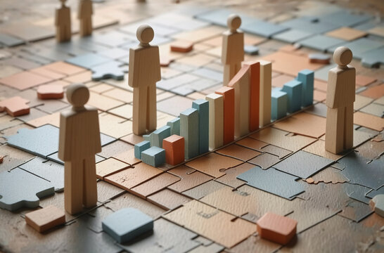 Wooden figures surround a bar graph depicting a decline, set against a jigsaw puzzle map.  This symbolizes economic downturn or population shifts across regions.