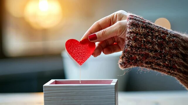 A Hand Gently Places a Red Heart into a White Wooden Box, Symbolizing Love, Charity, or Donation.