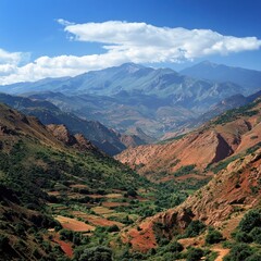Naklejka premium Mountain valley panorama. Lush landscape with terraced hills, vibrant colors, and a majestic peak