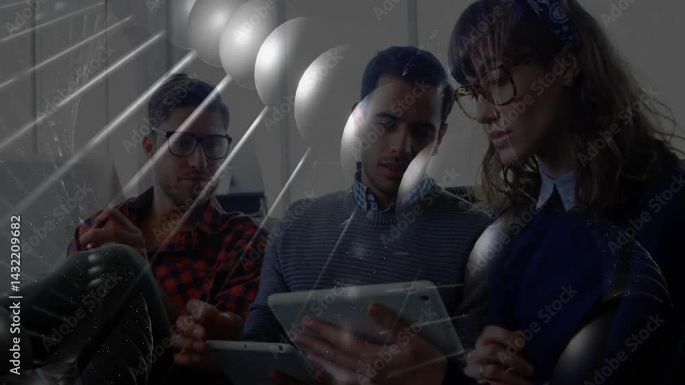 Aufkleber three professionals collaborating on tablets in modern workspace, displaying floating data spheres