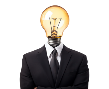 A man in a formal suit with a light bulb as his head isolated on transparent background - Powered by Adobe