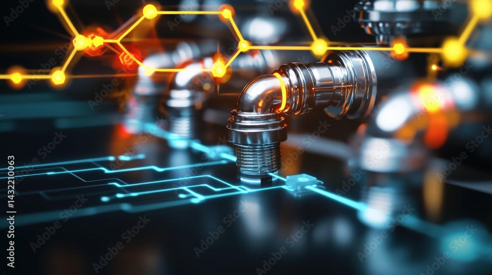 Poster industrial pipe connections and digital circuitry factory setting technology visualization futuristi