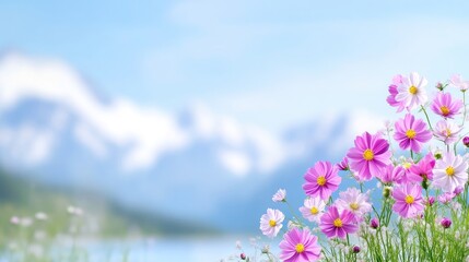 Fototapeta premium Delicate pink cosmos flowers in a mountain landscape