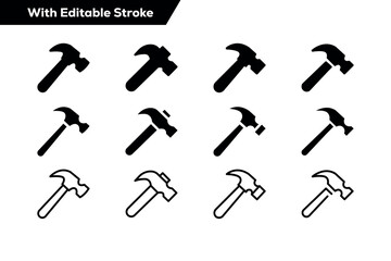 Hammer Icon Set – Construction, Repair, Tool, Carpentry, Editable Stroke Vector